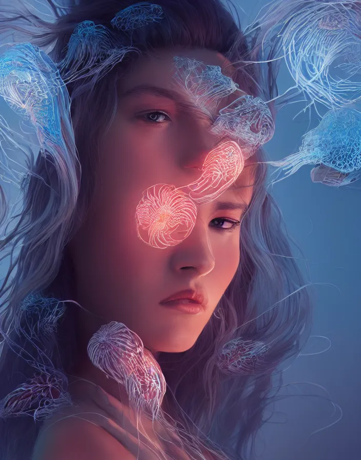 Image similar to goddess portrait. jellyfish phoenix head. intricate artwork by Tooth Wu and wlop and beeple. octane render, trending on artstation, greg rutkowski very coherent symmetrical artwork. cinematic, hyper realism, high detail, octane render, 8k