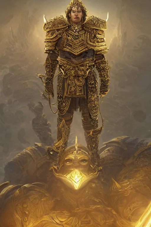 Image similar to dynamic photography portrait of a dungeons and dragons king's colosse , intricate ornate armor, subject in the middle of the frame, rule of thirds, golden ratio, elegant, digital painting, octane 4k render, zbrush, hyperrealistic, artstation, concept art, smooth, sharp focus, illustration from Warcraft by Ruan Jia and Mandy Jurgens and Artgerm and William-Adolphe Bouguerea
