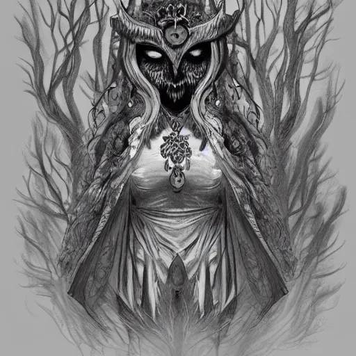 Image similar to goddess of owls, humanoid, hooded, masked, feathered robes, ritual in a forest, devouring, dark, moody, fog, concept art