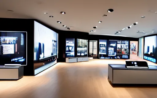 Image similar to A flagship Samsung store. black walls. timber floor. high ceilings with spots. wood furniture with large digital screen. display tables with phones and tablets, pots with plants, digital screens on the walls, Architectural photography. 14mm. High Res 8K. award winning architectural design, inspired by Arne Jacobsen, Niels Otto Møller, Verner Panton, Scandinavian Design, warm and happy, inviting