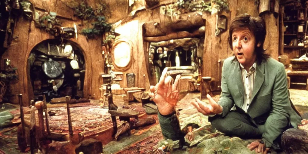 Image similar to A full color still of Paul McCartney dressed as a hobbit inside his house, looking at his palm, directed by Stanley Kubrick, 35mm, 1970