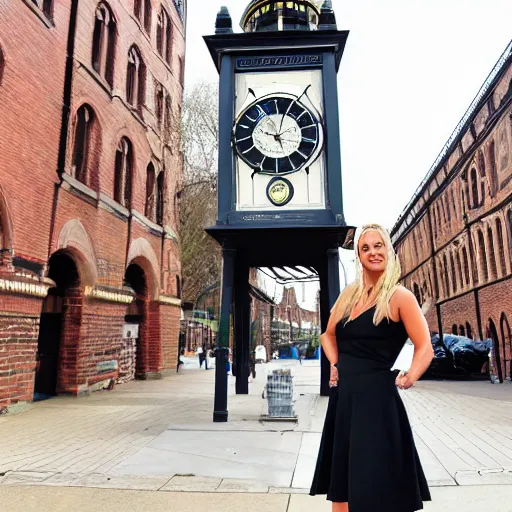 Image similar to A detailed photo of Kaley Cuoco under the Eastgate clock in Chester. Behind her we see a black panther