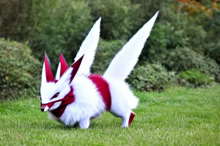 Image similar to real life zangoose pokemon, cute!!!, heroic!!!, adorable!!!, playful!!!, fluffly!!!, happy!!!, cheeky!!!, mischievous!!!, ultra realistic!!!, autumn, clear weather, ( golden hour ), sharp focus