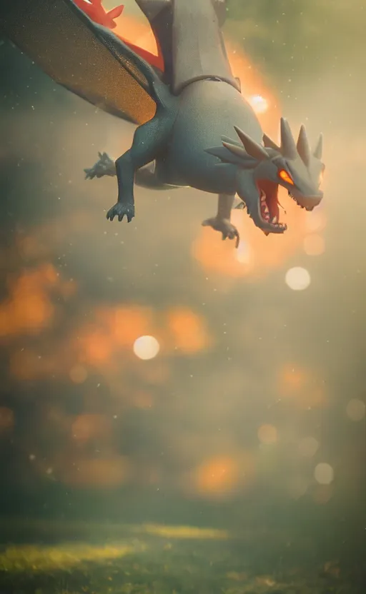 Image similar to a photograph of a realistic charizard, photography, highly detailed, depth of field, bokeh, volumetric fog