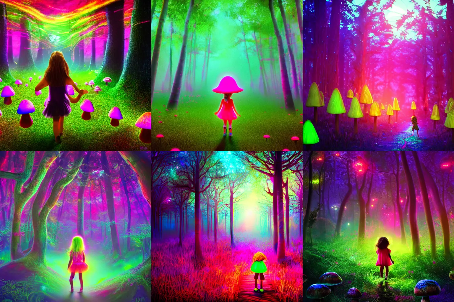 Prompt: Little girl wandering in a serene forest of glowing mushrooms, Neon colors, psychedelic art, trippy, 4k, HQ, Trending on Artstation