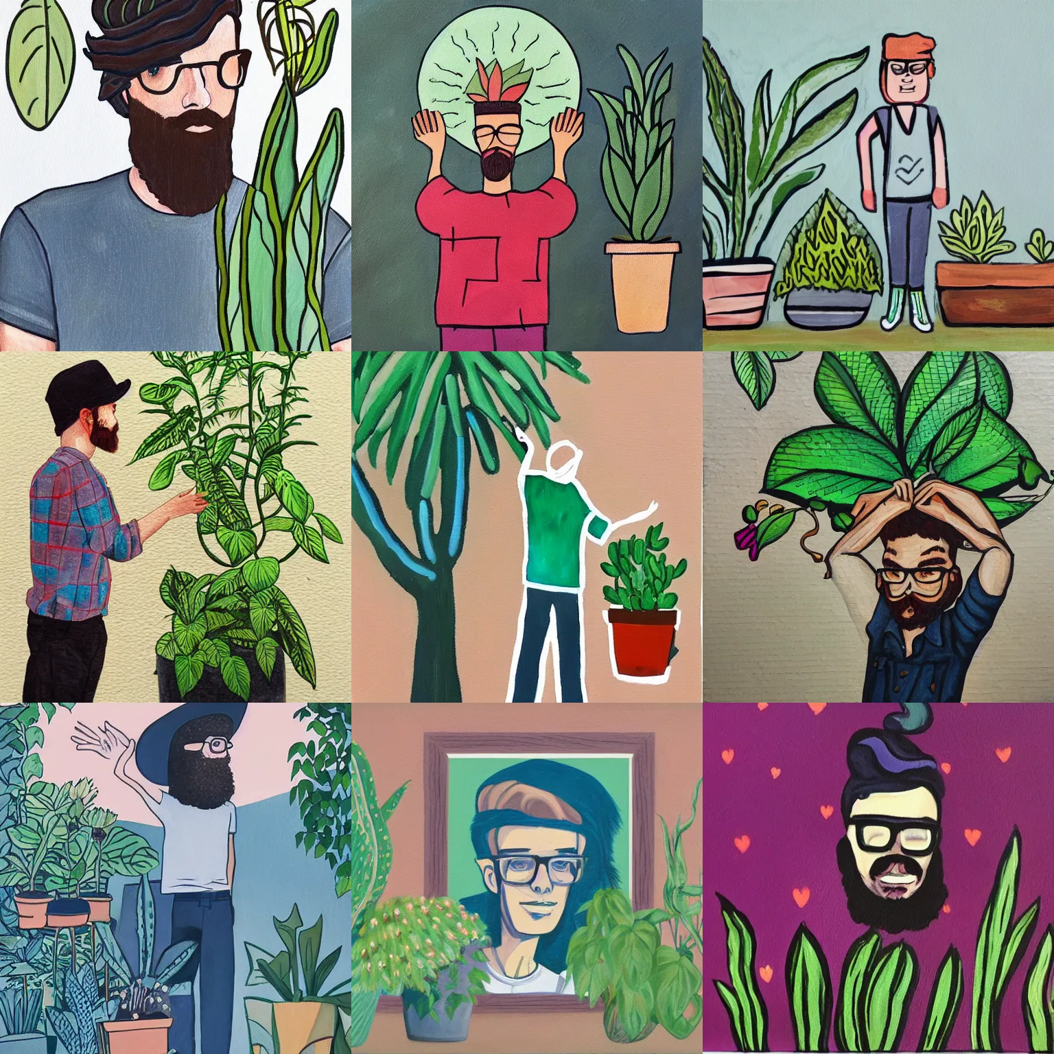 Prompt: a painting of a hipster saying goodbye to his plants