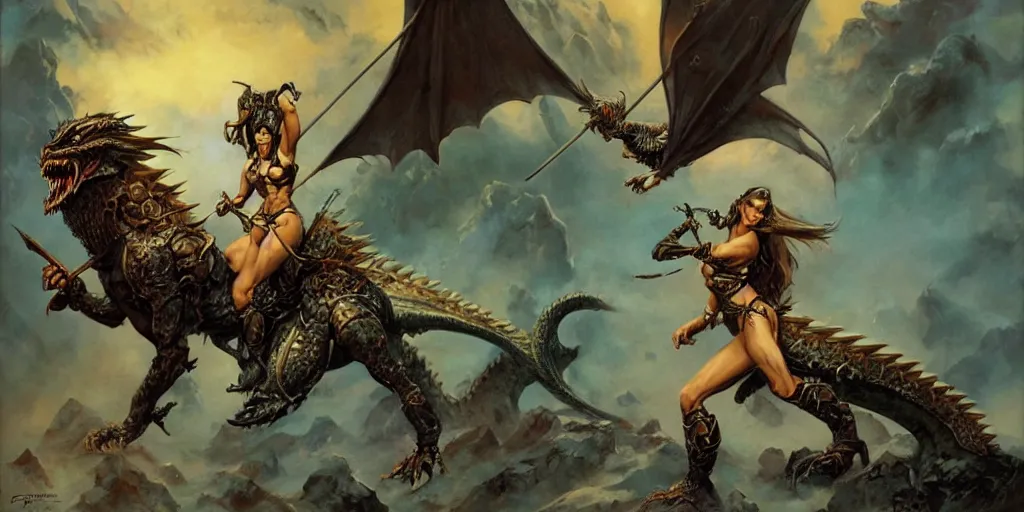 Prompt: portrait of a single barbarian princess riding a dragon into battle, intricate, elegant, highly detailed, digital painting, art by frank frazetta and boris vallejo