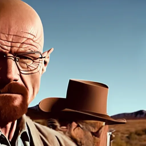 Image similar to walter white as a cowboy in a western town, cinematic