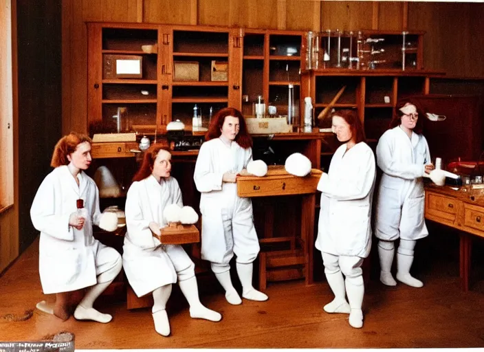 Image similar to realistic photo of a group of medieval female scientists wearing white shorts, watching at a levitating fluffy furry cloud, in a living room laboratory with many wooden gadgets made of wood interior is made of wood 1 9 9 0, life magazine reportage photo, natural colors