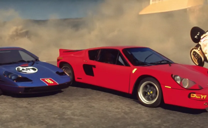 Image similar to film still of a Ferrari and a Porsche drifting in the Cannonball Run movie, 4k