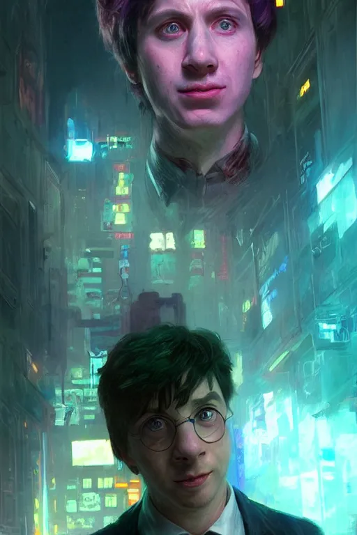 Image similar to portrait of Ron Wisly from harry potter in cyberpunk, neon lighting, night city, digital art from artstation by Ruan Jia and Mandy Jurgens and Artgerm and william-adolphe bouguereau and Greg Rutkowski and Wayne Barlowe