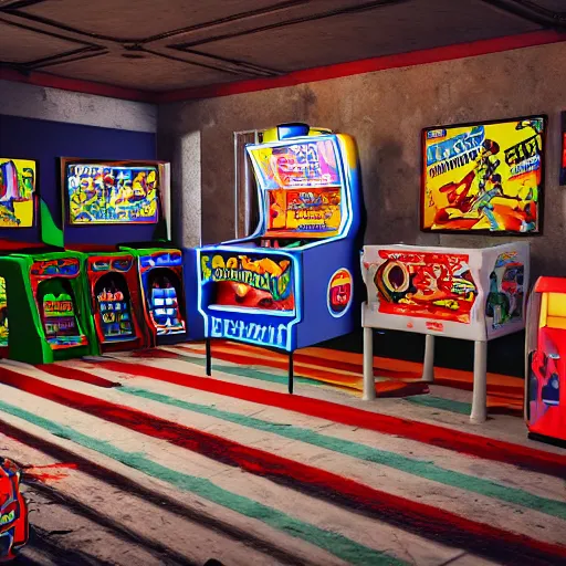 Prompt: large Mancave full of 80s toys games arcade games and wall posters Stuffy atmosphere, shadows, vintage, highly detailed, abandoned, octane render, blender, 4k