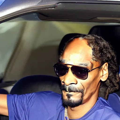 Image similar to Snoop Dogg is sitting in a police car wearing a cap C-11