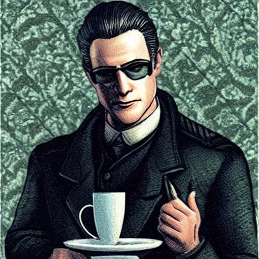 Image similar to albert wesker holding a small steaming china cup of tea, romanticism style, detailed facial proportions