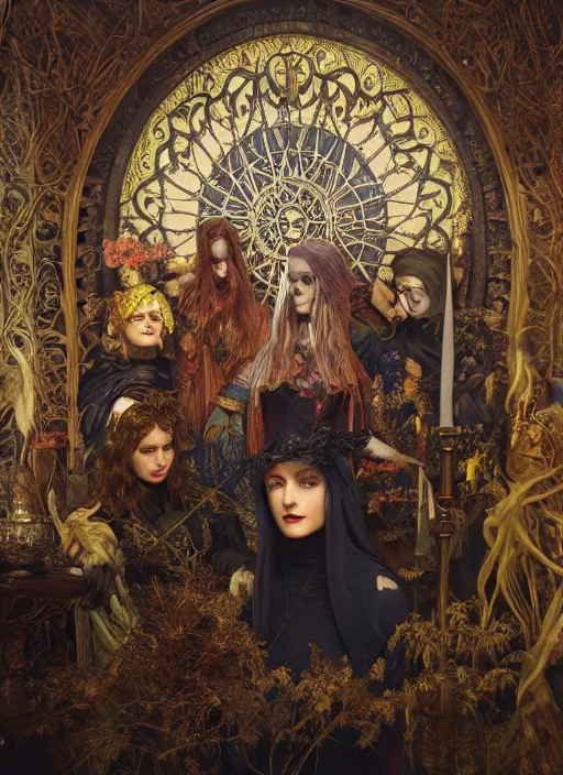 Image similar to picture inside covens den, intricate wiccan scene detailing, textless, hyperornate wiccan photorealistic mask, highly detailed, photorealistic, diffuse lighting, hdrp render, artstation, unreal 5, smooth, sharp focus, art by john collier, albert aublet, krenz cushart, artem demura, alphonse mucha