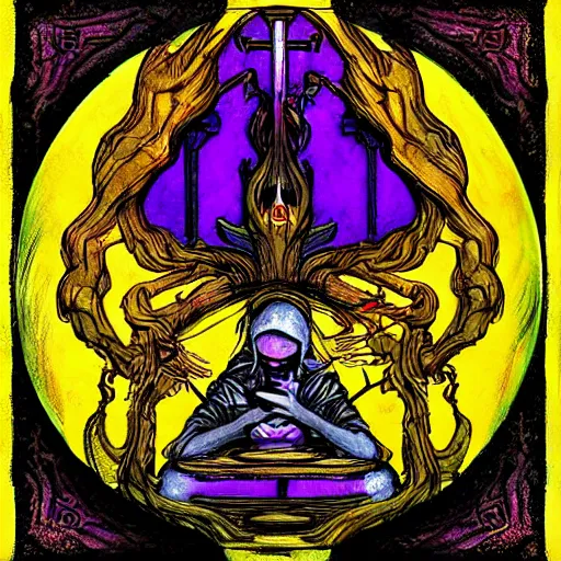 Image similar to skill icon of cleric casting holy divine yellow spell , in the style of Greg Broadmore and junji ito and Arthur Rackham and Moebius, trending on artstation, light lighting side view,digital art,surrealism ,macro,blueprint ,vaporwave ,
