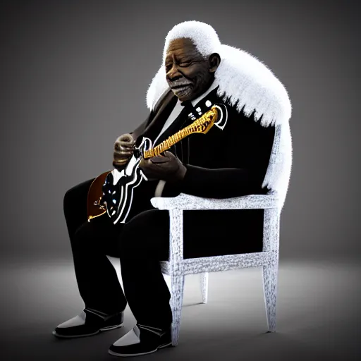 Image similar to b. b king, sitting in a fluffy chair, with very highly detailed face, playing an very highly detailed electric semi - hollow guitar. photorealistic octane render, unreal engine 5, trending on artstation, 4 k, 8 k, uhd, beautiful, dramatic by steve mccurry