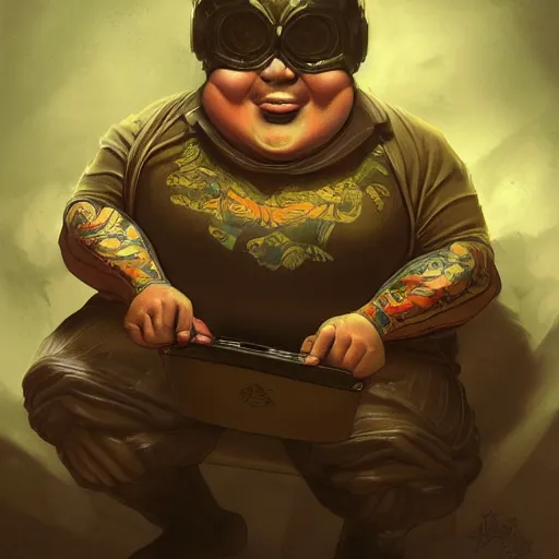 Image similar to an insanely detailed painting of a chubby asian man wearing a homemade superhero costumed, sitting at a computer desk typing on the keyboard, in the style of peter mohrbacher, dramatic lighting and composition, trending on artstation, concept art, comic book, graphic novel