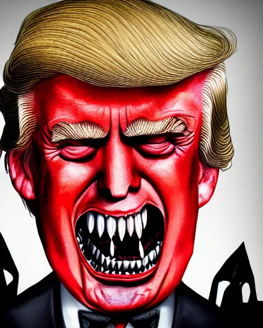 Prompt: donald trump dracula, fangs, character portrait, close up, concept art, intricate details, hyperrealism, in the style of otto dix and h. r giger