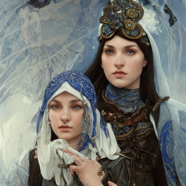 Prompt: Portrait of a Slavic female cleric with kerchief covering her ears. Blue eyes, black hair, porcelain skin, full lips, high slanted cheekbones. Fantasy art by artgerm and greg rutkowski and alphonse mucha, intricate, elegant, highly detailed, dramatic lighting, concept art, illustration, award winning on artstation, D&D, Dungeons and Dragons, Western European.