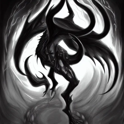 Prompt: full body grayscale drawing by Anato Finnstark of horned demon in dynamic pose, swirling flames