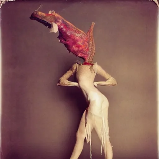 Image similar to damaged kodak portra 4 0 0, wetplate, photo of a surreal artsy dream scene,, very beautiful model, weird fashion, grotesque, extravagant dress, strange pose, carneval, with an animal, wtf, photographed by paolo roversi style