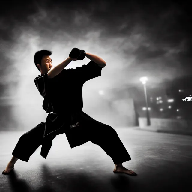 Image similar to wing chun punch streetfight, detailed wing chun form, defensive stance, shanghai, cinematic neon uplighting, fog mist smoke, photorealistic, night photography by tomino - sama