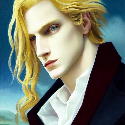 Prompt: Beautiful painting of the pale blond androgynous prince in a sensual pose, johan liebert mixed with alucard, long curly golden blond hair, baroque curls, very very pale white skin, atmospheric lighting, painted, intricate, volumetric lighting, beautiful, rich deep colours masterpiece, golden hour, sharp focus, ultra detailed, in the style of Dan Mumford and Johfra Bosschart, with a crowded futuristic cyberpunk city in the background, astrophotgraphy