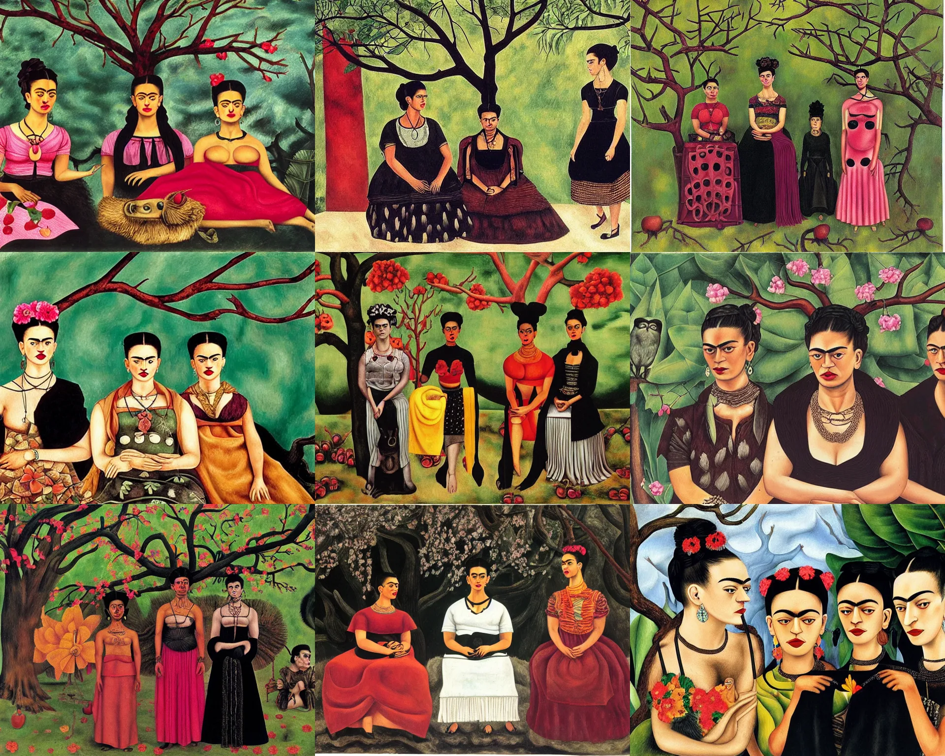 Prompt: hd art by frida kahlo. three goths loitering in the shade, talking beneath a cherry tree outside a blockbuster video store.