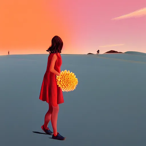 Image similar to portrait, giant dahlia flower head, girl walking between dunes, surreal photography, sunrise, blue sky, dramatic light, impressionist painting, digital painting, artstation, simon stalenhag