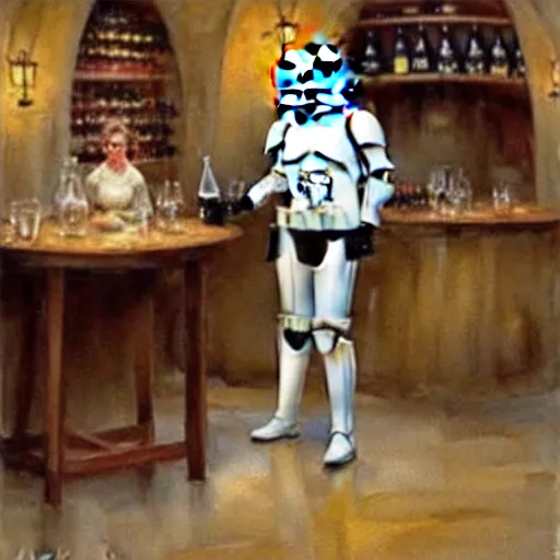 Prompt: stormtrooper and hot blonde drinking beer in a wine cellar, romantic, cozy, inviting, detailed, beautiful, atmospheric, impressionism, watercolor by vladimir volegov, inspired by ralph mcquarrie