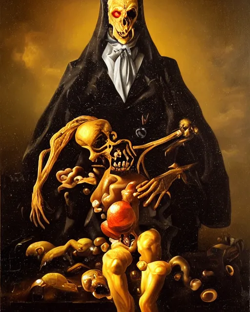 Image similar to refined gorgeous blended oil painting with black background by christian rex van minnen rachel ruysch dali todd schorr of a chiaroscuro portrait of an extremely bizarre disturbing mutated man with shiny skin acne dutch golden age vanitas intense chiaroscuro cast shadows obscuring features dramatic lighting perfect composition masterpiece