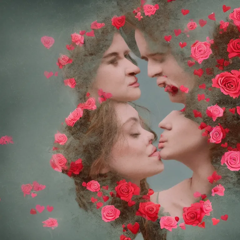 Image similar to double exposure of love, love is the most relevant theme, love is infinity, love os begin of all, 8 k resolution, artistic mode, artistic, flowers mode