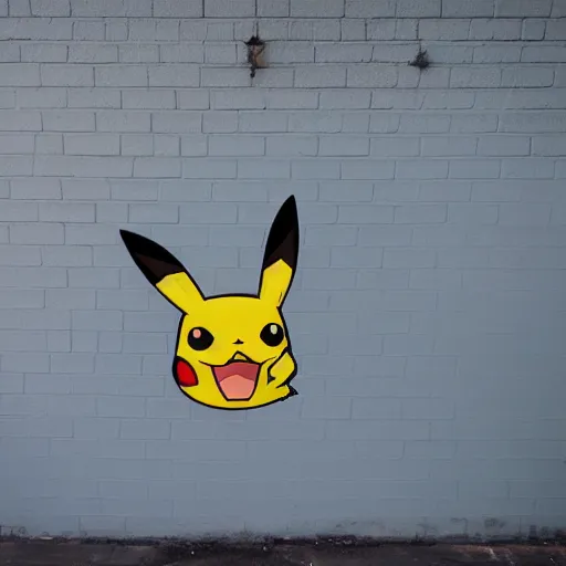 Prompt: pikachu spray painted on the wall, wide angle lens