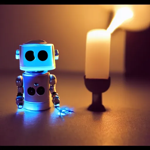 Image similar to a cute little robot sitting on a pen with a lit candle in the background by maxvanzwerg