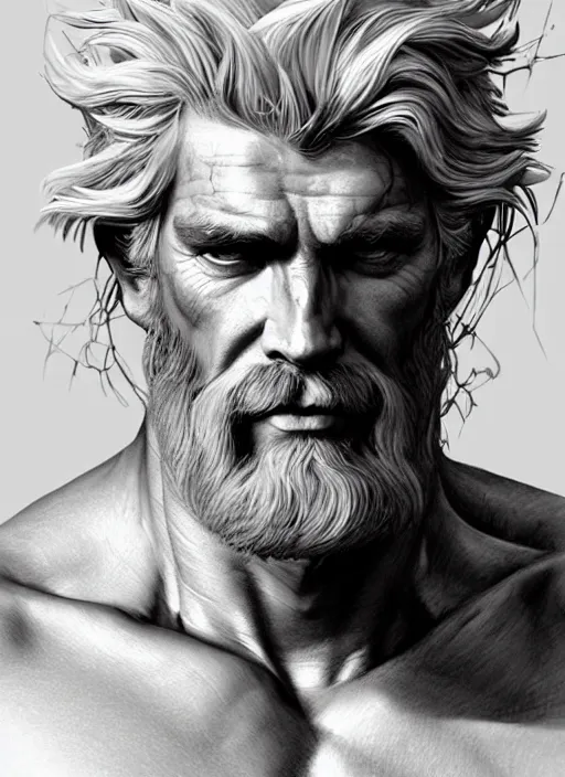 Image similar to painted portrait of rugged zeus, greek god, white hair, masculine, mature, handsome, upper body, muscular, hairy torso, fantasy, intricate, elegant, highly detailed, digital painting, artstation, concept art, smooth, sharp focus, illustration, art by gaston bussiere and craig mullins