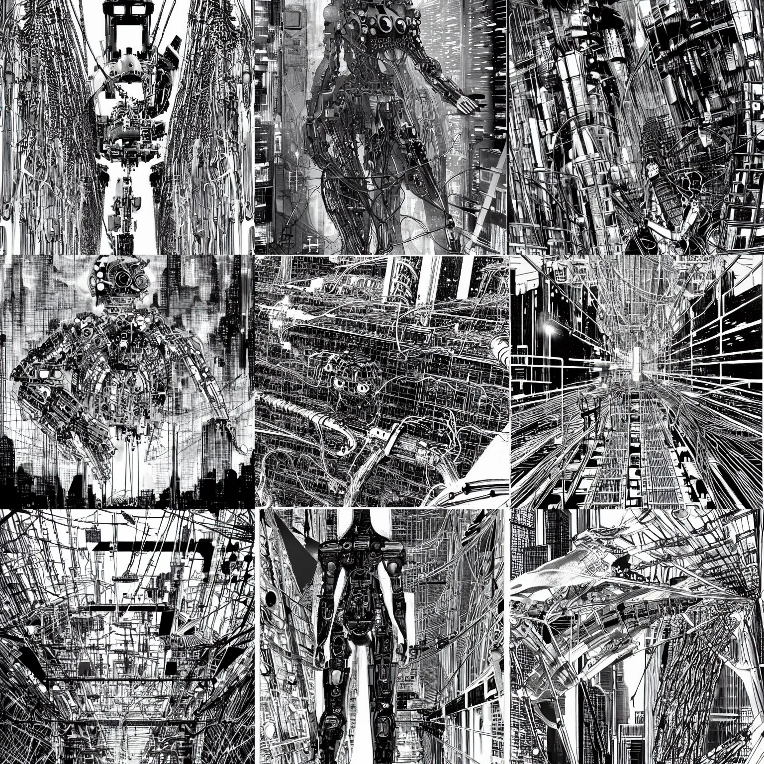 Prompt: dimantled disassembled cyborg and biological android with wires on bridges and pipes in through a huge cybernetic megastructure multi - level metropolis in space, black and white, by nihei tsutomu