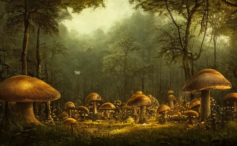 Image similar to A mushroom house in the foreground, other mushroom houses in the background, in a dark forest, macro, mysterious matte painting by greg rutkowski and marc simonetti and Ivan Shishkin