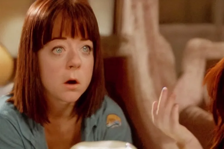 Prompt: screenshot from horror movie, with young alyson hannigan