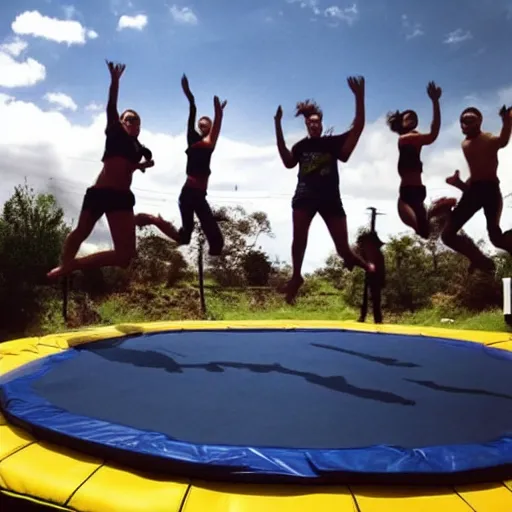 Prompt: “Spartans jumping on trampoline”