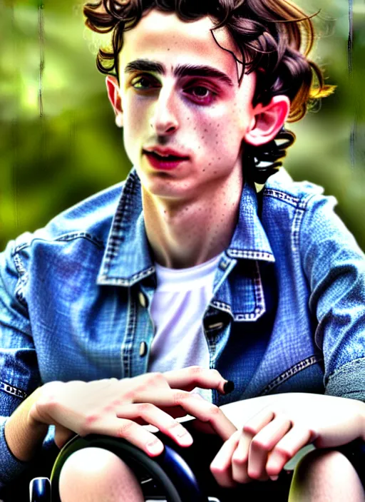 Image similar to timothee chalamet smoking a blunt sitting in a wheel chair, photo, realistic