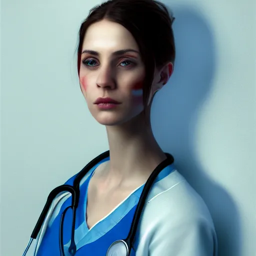 Image similar to I've had a rough day, healthcare worker, nurse, perfect eyes, full body shot, portrait, sad, tiredfantasy, beautiful face, medieval, vivid colors, elegant, concept art, sharp focus, digital art, Hyper-realistic, 4K, Unreal Engine, Highly Detailed, HD, Dramatic Lighting by Brom, trending on Artstation