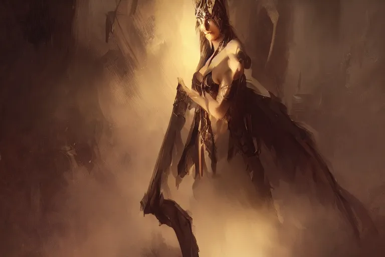 Prompt: A dark and mysterious painting of an elven queen by Craig Mullins, beautiful, realistic, professional, dramatic lighting, extremely high detail, trending on artstation