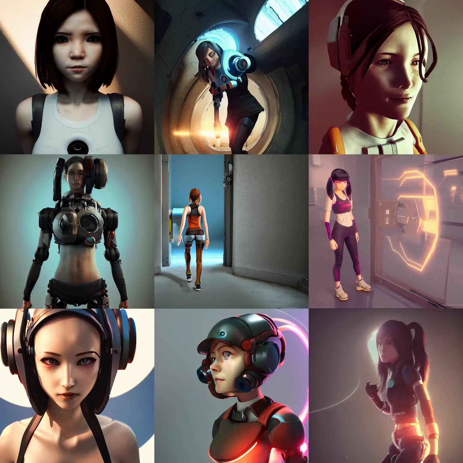 Prompt: portal game 9 9 9 9 9 valve, anime!!! cyborg photo - realistic 7 7 7 woman!!!! running, ( shy smiling face ), rembrandt, octane render, artstation
