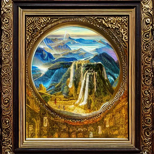 Image similar to the most beautiful place in the world, timeless masterpiece, award - winning painting, intricate oil details, spectacular quality, trending on artstation, golden ratio, 8 k