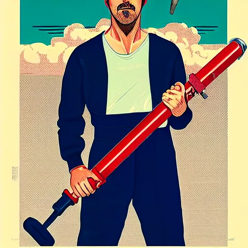 Prompt: realistic portrait of ryan gosling as a mechanic in beret, with a huge wrench, futuristic, highly detailed, 7 0 - s style poster, sharp focus, illustration, art by kawase hasui,