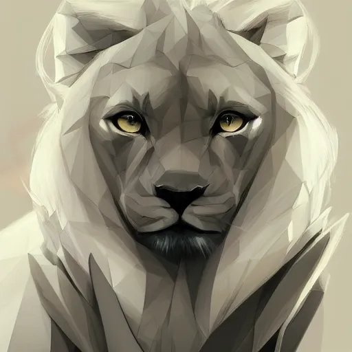 Image similar to aesthetic portrait commission of a albino male furry anthro low - poly lion, character design by charlie bowater, ross tran, artgerm, and makoto shinkai, detailed, inked, western comic book art, 2 0 2 1 award winning painting