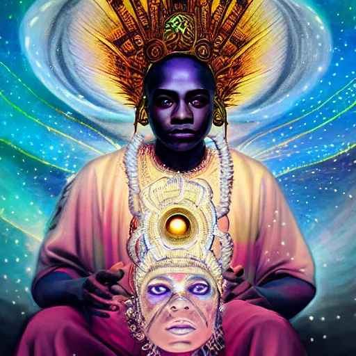 Prompt: obatala the cosmic god sitting on a throne of nebula clouds, by Adi granov and afarin sajedi in a psychedelic portrait style, ultrarealistic matte painting, volumetric lighting, piercing eyes, highly detailed face, orisha, 8k, hd