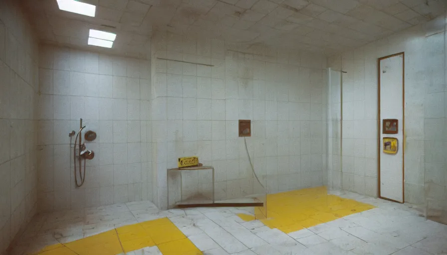 Image similar to 60s movie still of a sovietic stalinist style empty prison shower with yellow tiles, cinestill 800t 50mm eastmancolor, liminal Space style, heavy grain