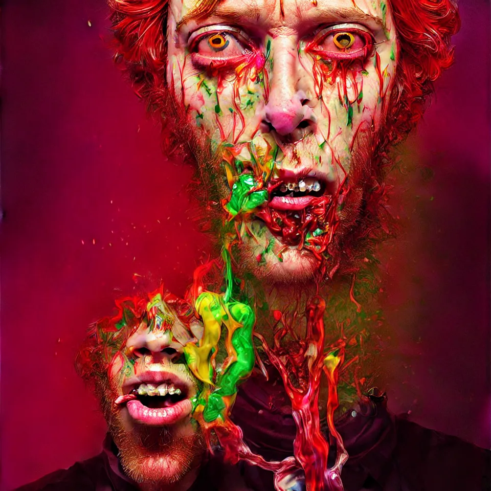 Image similar to bright psychedelic charlie kaufman eating rotten flesh, crying tears of blood and puking, diffuse lighting, fantasy, intricate, elegant, highly detailed, lifelike, photorealistic, digital painting, artstation, illustration, concept art, smooth, sharp focus, art by francis bacon